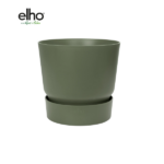 Olive green plant pot with a matching saucer on a white background, Elho brand.