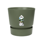 Olive green plant pot with matching saucer and elho label on the side.