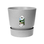 Gray speckled plant pot on a matching saucer with an elho brand label in the center