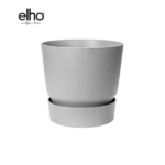 Light gray speckled plant pot with a matching saucer, Elho logo in the upper-left corner.