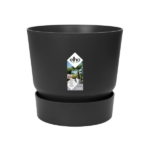 Black matte plant pot with a matching saucer and an elho label on the front