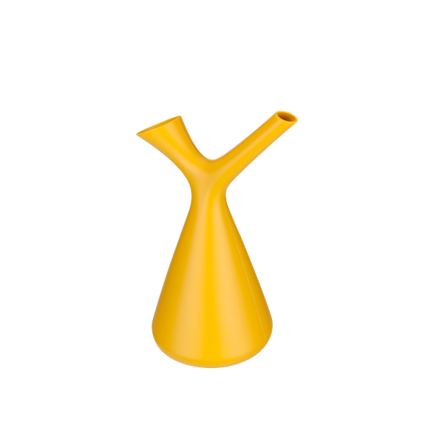 Yellow plastic Y-shaped pour spout on a transparent background, designed for liquid pouring