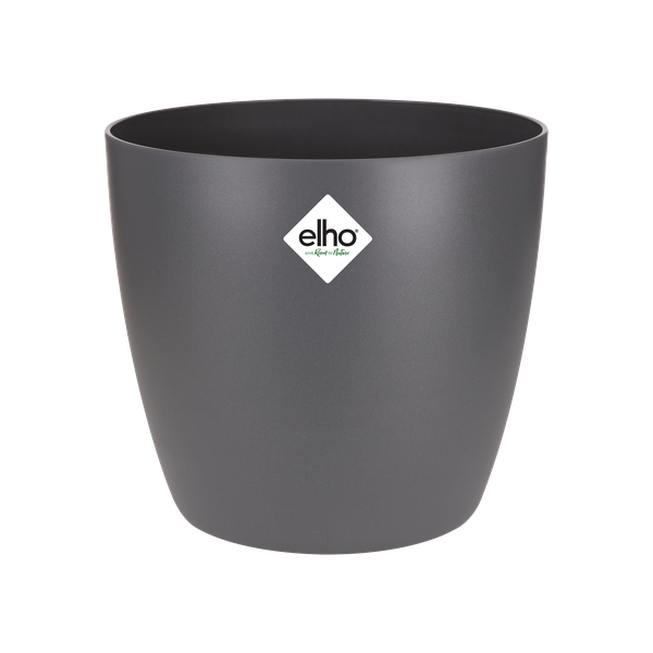 Gray plant pot with a white diamond-shaped Elho logo on the front (empty interior).