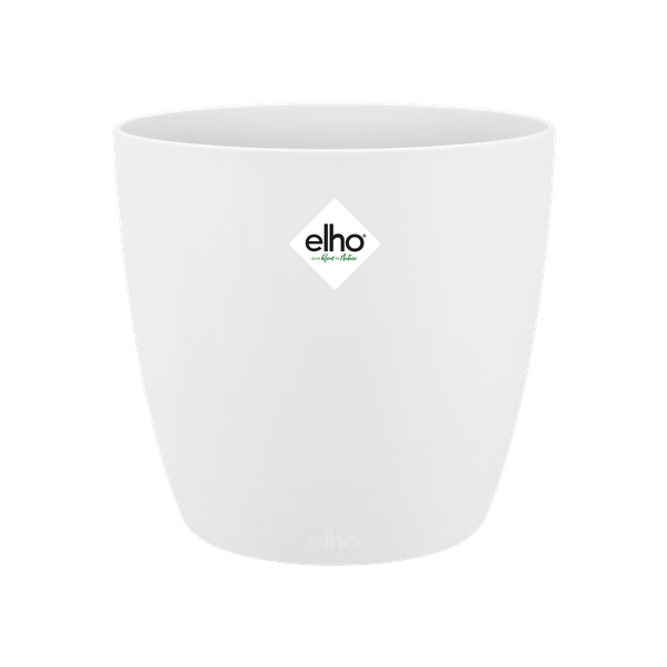 White planter pot with a centered elho logo on the front, empty and glossy finish.