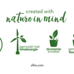 Banner: 'created with nature in mind' showing four green eco icons: 100% recycled, wind energy, durable quality, made in the Netherlands (elho.com).