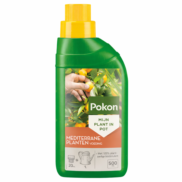Green Pokon plant fertilizer bottle with yellow cap, labeled 'Mijn Plant in Pot' for Mediterranean plants (500 ml).