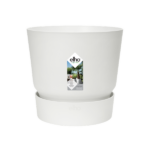White planter on a matching saucer with an elho brand label on the front.