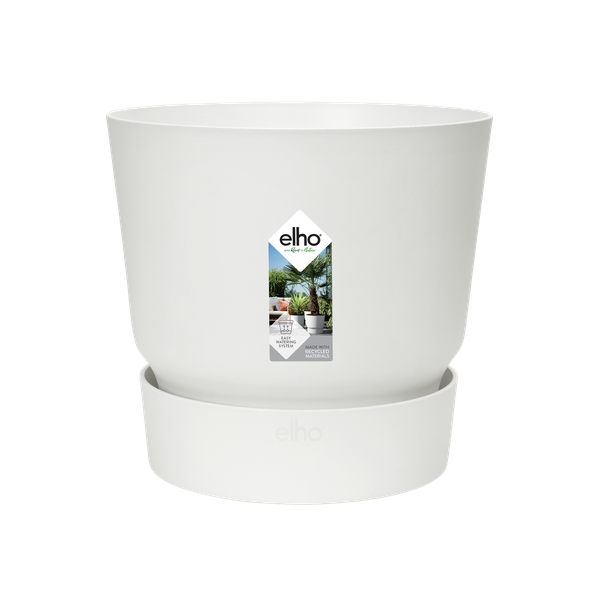 White planter on a matching saucer with an elho brand label on the front.