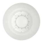Top-down view of a white circular ceiling smoke detector with a central raised disk and surrounding vents.