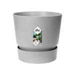 Gray ceramic plant pot on a matching saucer with an elho logo label and outdoor garden image on the front.