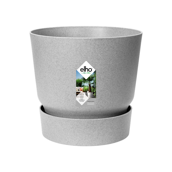 Gray ceramic plant pot on a matching saucer with an elho logo label and outdoor garden image on the front.