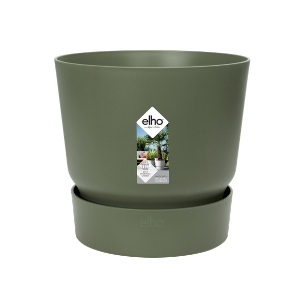 Olive green plant pot with matching saucer and a product label reading 'elho' on the front.