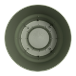 Top-down view of a round, olive-green plant pot insert with radial ribs and the brand 'elho' embossed in the center.