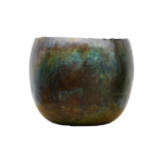 Round ceramic pot with a mottled green‑brown glaze and a squat, slightly flared rim.