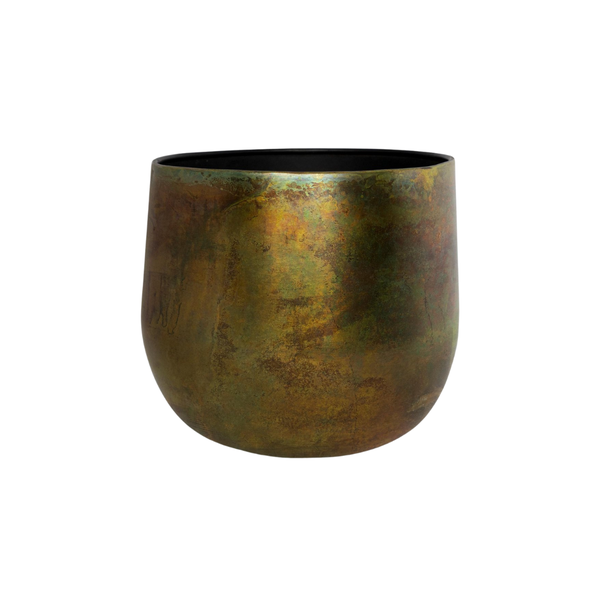Round metal planter with a dark interior and a mottled bronze patina on the exterior.