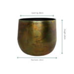 Bronze-toned metal planter showing dimensions: opening 26 cm, diameter 29 cm, height 24 cm.