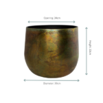 Copper-toned metal planter with a rounded shape, showing dimensions: opening 34 cm, height 33 cm, and diameter 39 cm