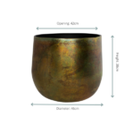 Bronze-toned metal planter with dimensions: opening 42 cm, diameter 46 cm, height 38 cm
