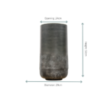Tall dark cylindrical planter with a weathered finish; opening 24 cm, diameter 29 cm, height 50 cm.