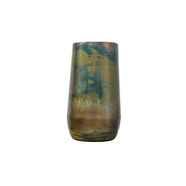 Ceramic vase with green-blue and brown glaze, tall cylindrical shape with a rounded base.