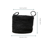 Black woven storage basket with two loop handles; opening 26 cm, diameter 25 cm, height 22 cm.