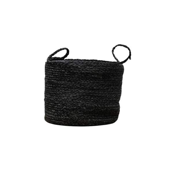 Black woven storage basket with two loop handles on white background, suitable for organizing small items.