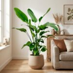 Tall green indoor plant in a beige pot by a sunlit window in a cozy living room.