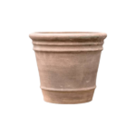 Terracotta plant pot with horizontal ridges, empty and ready for soil.