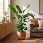 Large leafy tropical plant in a round terracotta planter sits next to a beige sofa with rust and cream cushions in a bright living room.