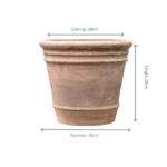 Terracotta plant pot with measurements: opening 28 cm, diameter 33 cm, height 29 cm.