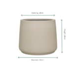 Beige ceramic planter with 28 cm opening, 28 cm height, and 34 cm diameter.