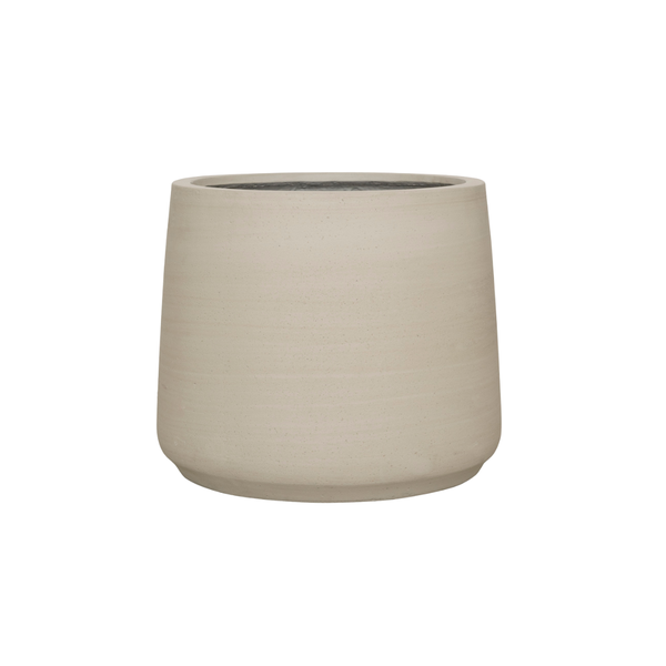 Beige ceramic planter pot with a smooth, matte finish, empty and ready for plants.