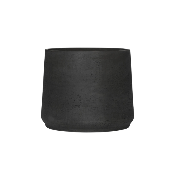 Dark gray cylindrical plant pot with a slightly tapered shape and rounded base.