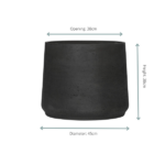 Black planter with a wide opening; dimensions shown: opening 38 cm, diameter 45 cm, height 38 cm.