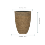 Tall woven wicker planter with circular opening; opening 27 cm, diameter 30 cm, height 41 cm.