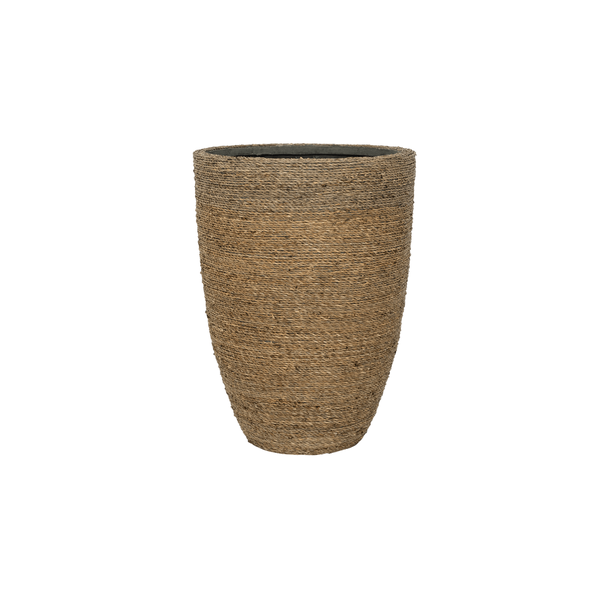 Woven natural-fiber plant pot with a tapered, cylindrical shape.