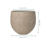 Planter with opening 27 cm, height 28 cm, and diameter 32 cm (beige textured ceramic pot). Definite dimensions labeled on the image.