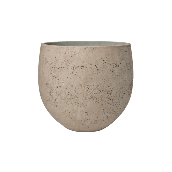 Beige textured planter pot with a rounded bottom and gray interior, empty edge-to-edge view.”] ,
