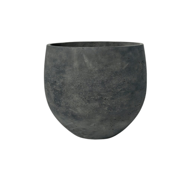 Dark gray ceramic planter with a matte, speckled finish and a rounded bowl shape, empty.