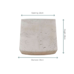 Beige textured ceramic planter viewed head-on, with dimensions: opening 26 cm, height 30 cm, and diameter 34 cm.