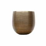 Brown ceramic cup with a rounded shape and subtle ribbed texture on a white background.