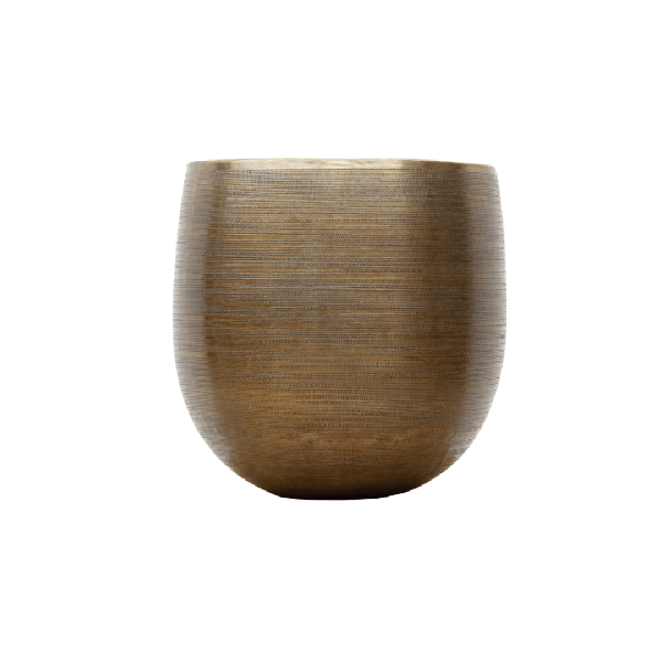 Brown ceramic cup with a rounded shape and subtle ribbed texture on a white background.