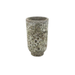 Tall ceramic vase with a speckled, porous surface in gray-brown tones used for decoration.