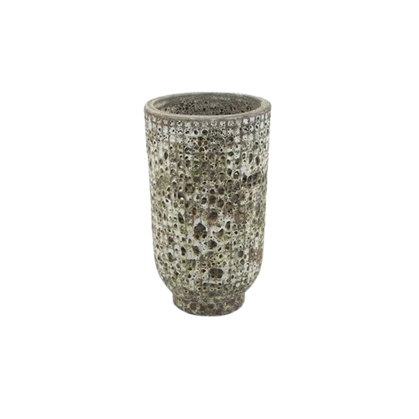 Tall cylindrical ceramic vase with a highly porous, bubbled texture in gray-brown tones
