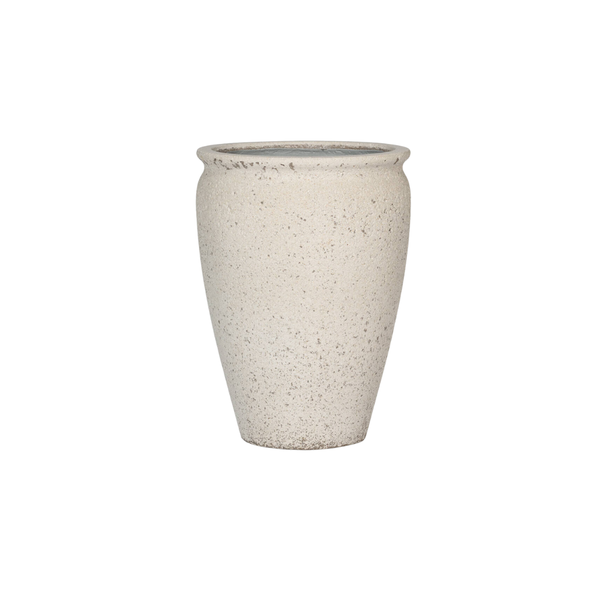 Cream speckled ceramic vase with a narrow base and flared rim, suitable for flowers or as a decorative piece