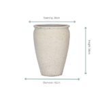 Speckled beige ceramic vase with a wide opening (36 cm), height 56 cm, and diameter 42 cm.