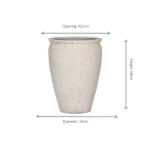 Beige speckled ceramic vase with a wide opening of 45.5 cm, height 66 cm, and base diameter 53 cm.