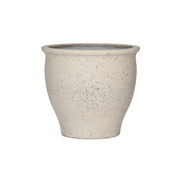 Beige speckled ceramic plant pot with a wide opening and narrow base?