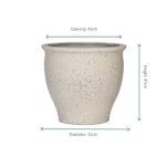 Ceramic planter with a 45 cm opening, 52 cm diameter, and 47 cm tall. Speckled beige finish.