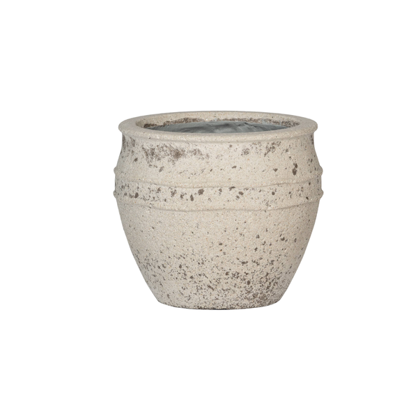 Beige speckled ceramic plant pot with a rounded shape and subtle horizontal bands